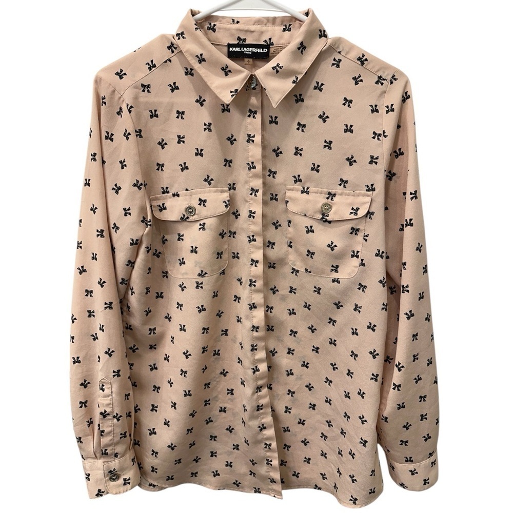 Karl Lagerfeld Paris Blush Blouse with Black Bow Print sz S